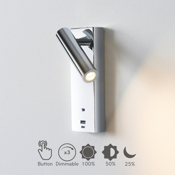 Applique LED da lettura cromata con porta USB e...