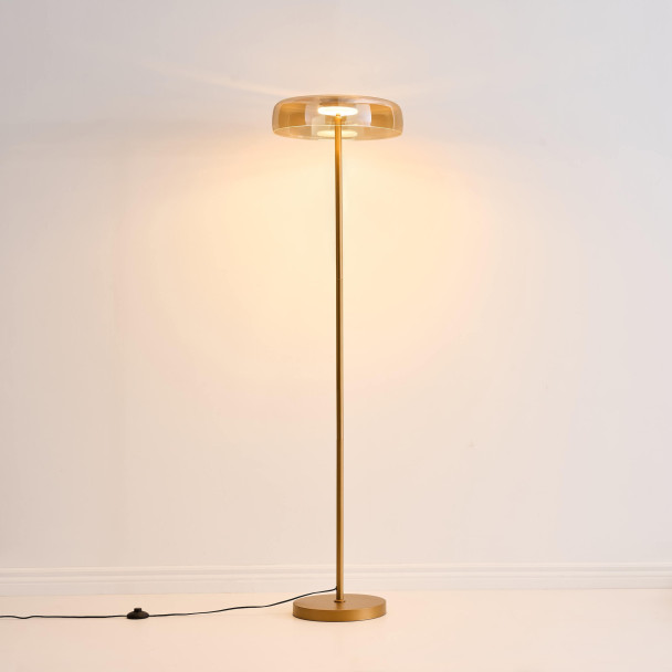 Lampada da terra dorata in vetro ambrato LED...