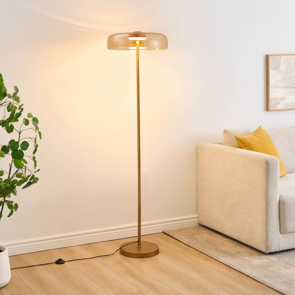 Lampada da terra dorata in vetro ambrato LED...