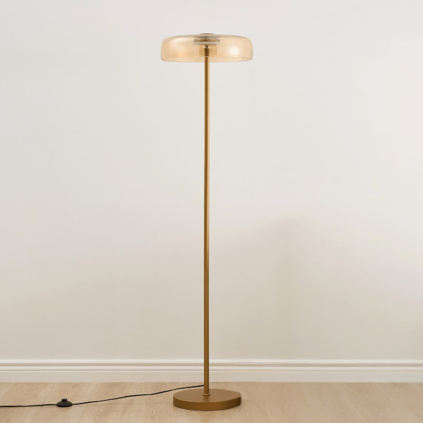 Lampada da terra dorata in vetro ambrato LED...