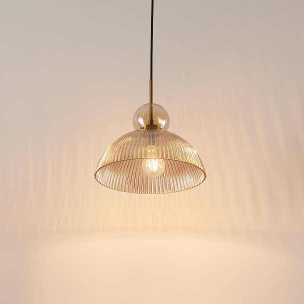 Sospensione vintage con vetro ambrato nervato -...