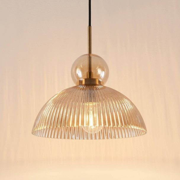 Sospensione vintage con vetro ambrato nervato -...