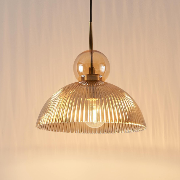 Sospensione vintage con vetro ambrato nervato -...