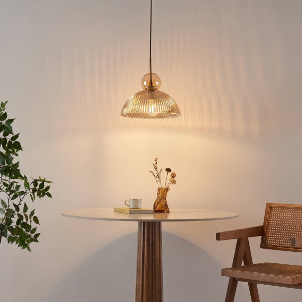 Sospensione vintage con vetro ambrato nervato -...