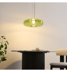Sospensione LED contemporanea con disco in vetro colorato...